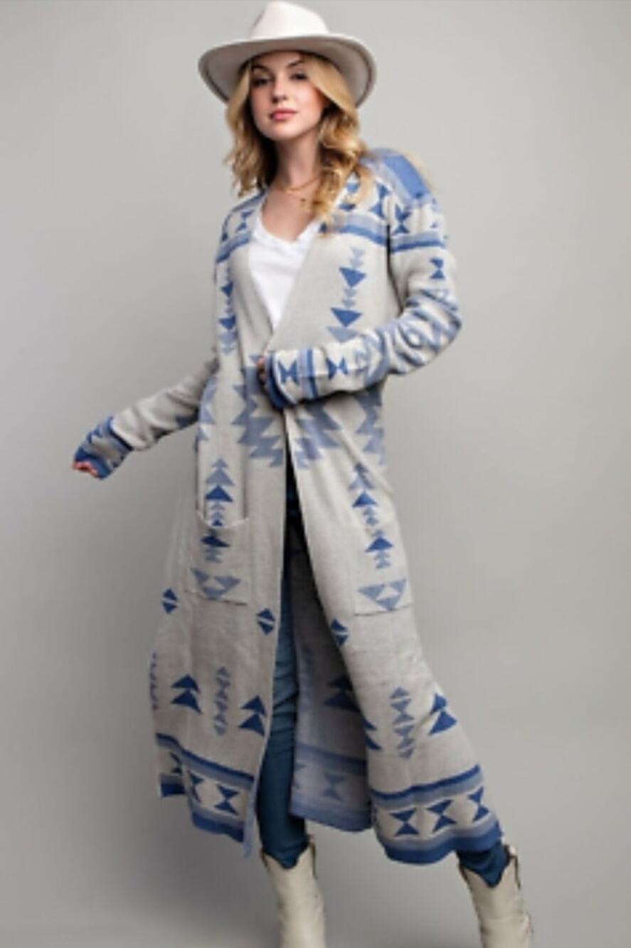 Boho Aztec Western Knit Long Knit Maxi Cardigan Duster Hooded M Cowgirl Concert